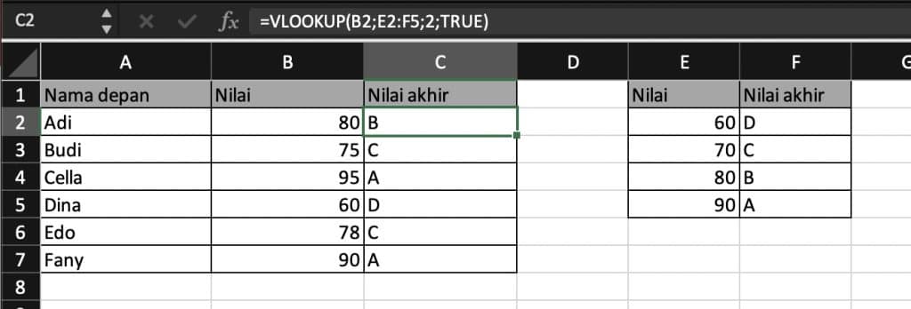 Rumus VLOOKUP Mendekati